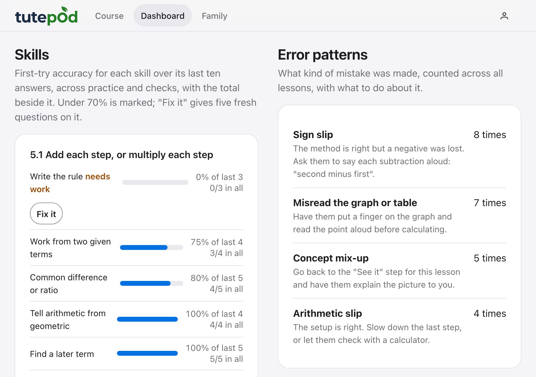The dashboard for a sample learner: accuracy for each skill, one marked as needing work, and the kinds of mistake with a tip for each