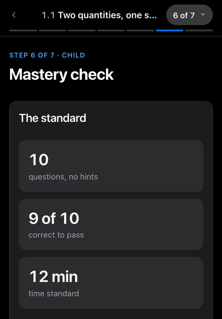 Step 6, Mastery check, as it looks in a lesson