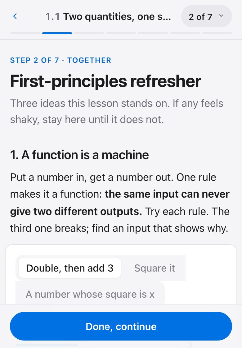 Step 2, First-principles refresher, as it looks in a lesson